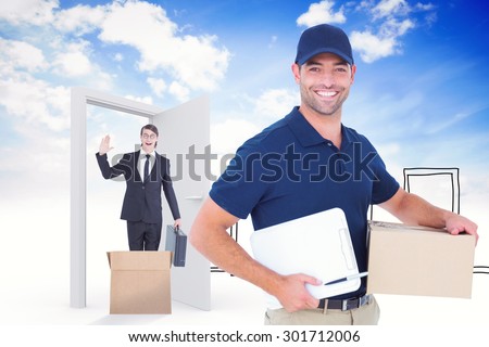 Happy delivery man with cardboard box and clipboard against doodle doors in the clouds