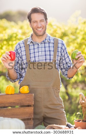 Portrait of a cheerful farmer holding red and green peppers