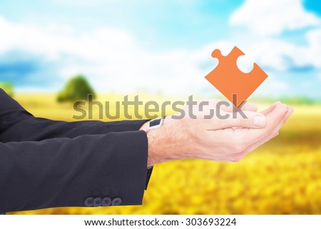 Businessman with arms out presenting something against golden fields