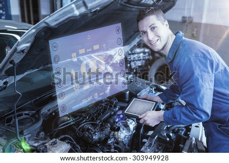 Engineering interface against auto mechanic by car with tablet pc