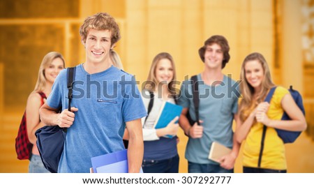 Composite image of a group of smiling college students look into the camera as one man stands in front