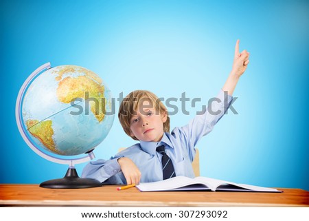Cute pupil raising hand against blue background with vignette