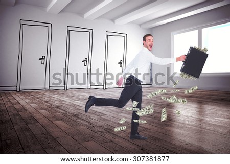 Running businessman against doodle doors in room