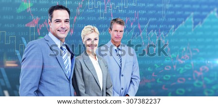 Businessman in a row with his business team against stocks and shares