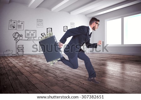 Running businessman against doodle office in hallway