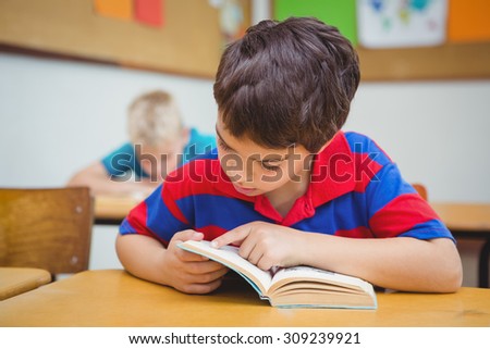 Pupil reading a school book at the elementary school