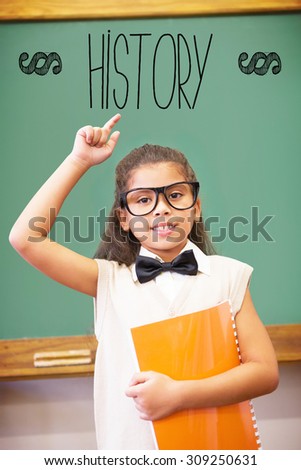The word history against cute pupil dressed up as teacher in classroom