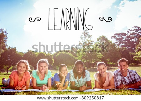 The word learning against students studying outside on campus