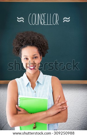 The word counsellor and portrait of smiling young woman with file against teal, blue