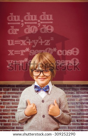 Cute pupil dressed up as teacher against red background