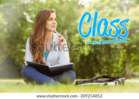 The word class against thinking student sitting and holding book