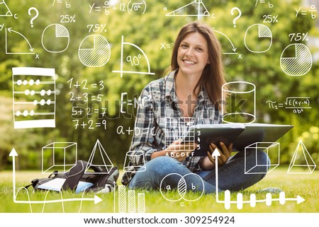 Maths against smiling student sitting and holding a book