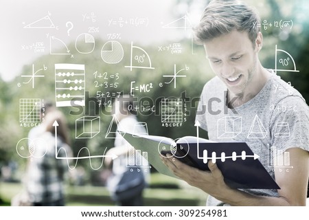 Maths against handsome student studying outside on campus