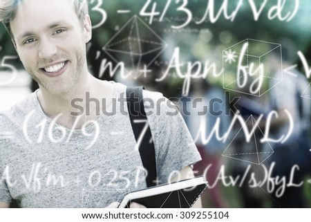 Maths equation against handsome student smiling at camera outside on campus