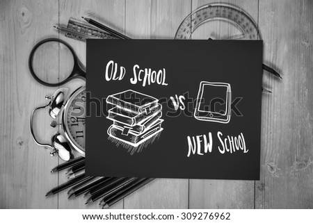 Old school vs new school doodle against students desk with black page