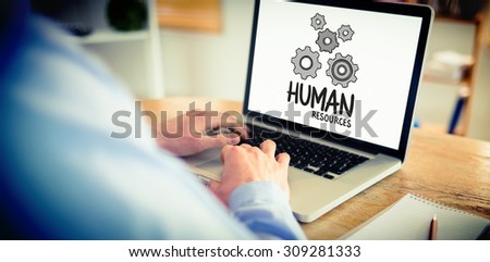 Businessman working on his laptop against human resources doodle