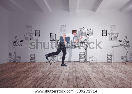 Running businessman against doodle office in room