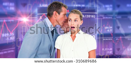 Businessman telling secret to a businesswoman against stocks and shares Businessman telling secret to a businesswoman against a white screen