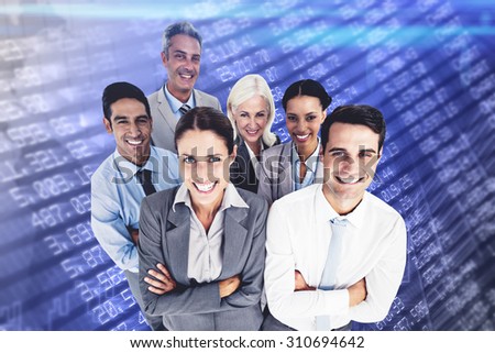 Smiling business people looking at camera with arms crossed against stocks and shares