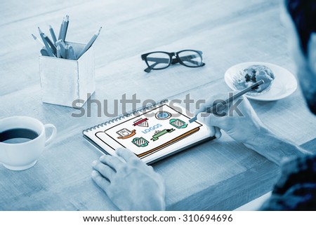 Creative businessman writing notes on notebook against logos doodle