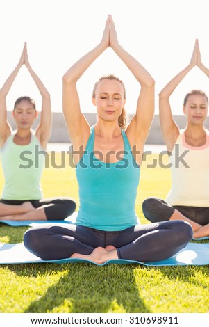 Peaceful sporty women doing lotus pose in parkland
