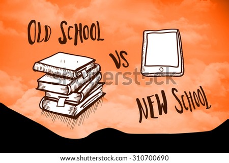 Old school vs new school doodle against sky and mountains