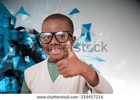Cute pupil with thumbs up against angular design