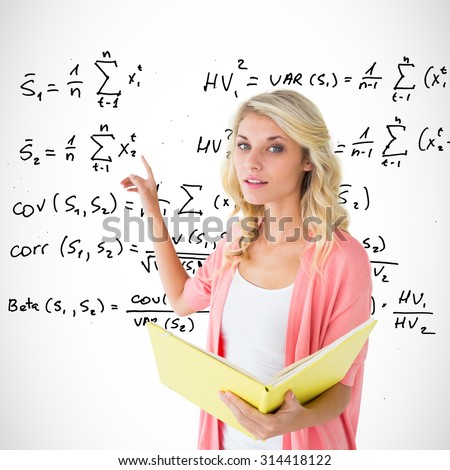 Young pretty student pointing and reading against maths equations