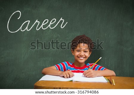 The word career and smiling pupil against green chalkboard