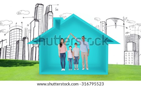 Happy parents joining hands above children against house shape