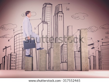 Businessman with briefcase walking over white background against bar chart depicting growth