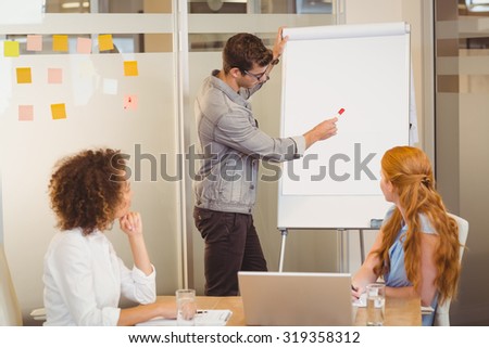 Businessman discussing with female colleagues using whiteboard in office during meeting