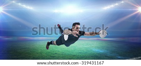 Rugby player scoring a try against rugby stadium