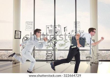 Geeky happy businessman running mid air against doodle office with beside window