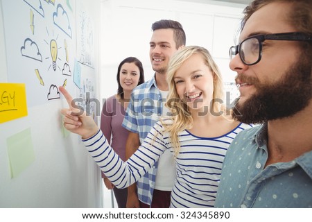Portrait of smiling woman pointing at wall with sticky notes and drawings while standing in creative office