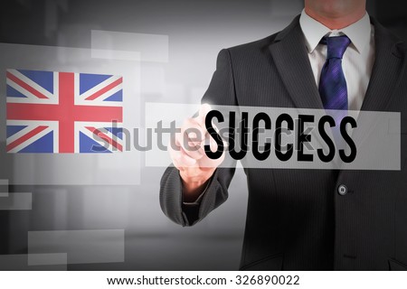 The word success and businessman in suit pointing finger against abstract white room