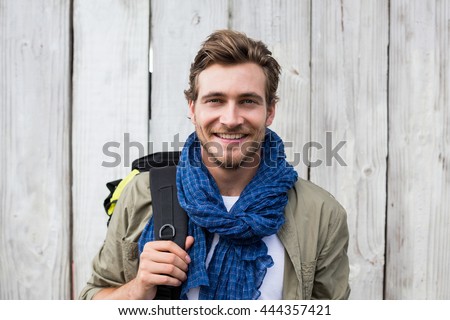 Image, Stock Photo Outdoor portrait of handsome young man with mobile phone and fixed gear bicycle in the street.