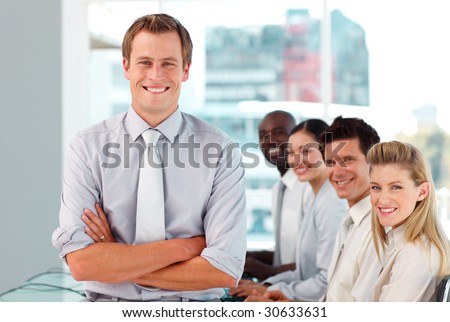 Young Happy Male Boss leading his team