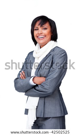 Portrait of an attractive businesswoman wearing a white scarf, smiling at the camera
