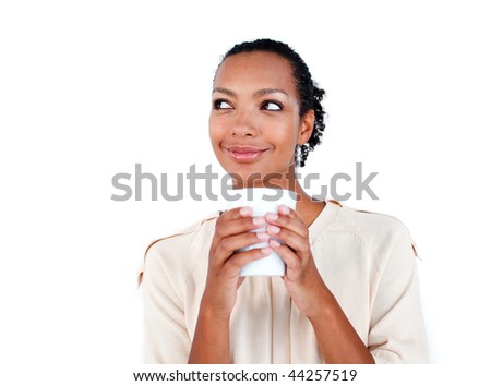 Attractive businesswoman drinking a coffee against a white background