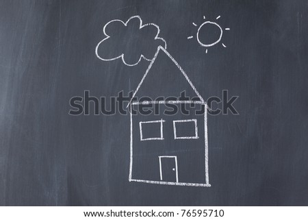 House with sun and cloud on a blackboard