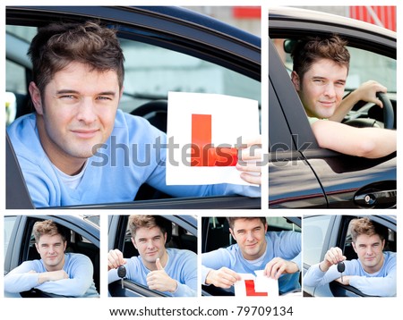 Happy teenage boy showing holding a modern car key and a learner plate while sitting behind the wheel