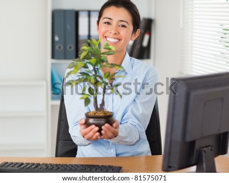 Attractive woman holding a plant while looking at the camera at the office