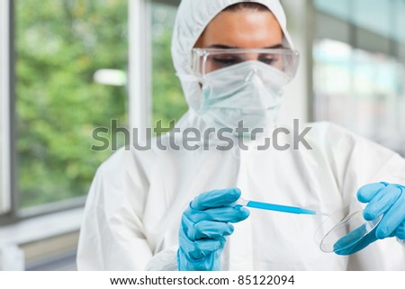 Protected female science student dropping blue liquid in a Petri dish in a laboratory