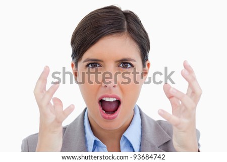 Close up of angry shouting entrepreneur against a white background