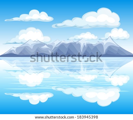Fresh cartoon illustration of mountains and lake