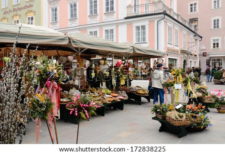 SALZBURG, AUSTRIA -  MARCH 30: the Easter market in the city center on March 30, 2013 in Salzburg, Austria.