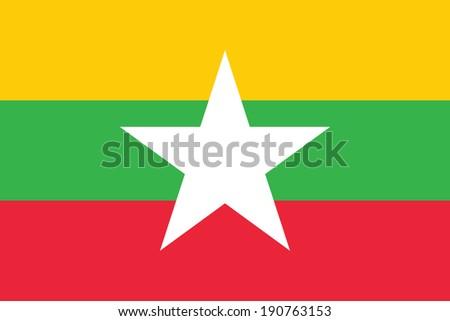 Flag of Burma (the Republic of the Union of Myanmar). Vector. Accurate dimensions, elements proportions and colors.