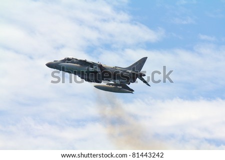 MALAGA, SPAIN - MAY 28: Harrier II Plus jet takes off at Malagueta Beach during the Spanish Armed Forces Day on May 28, 2011 in Malaga, Spain.
