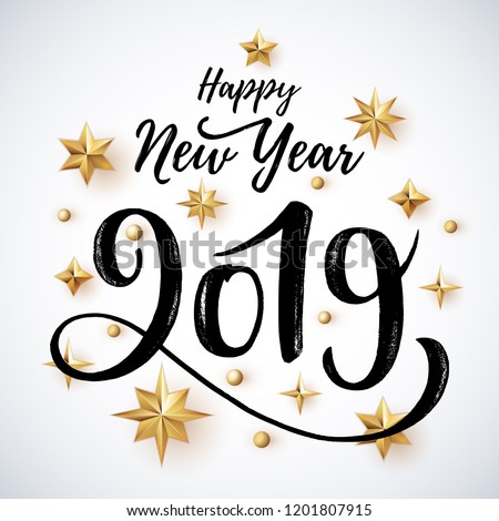 2019 hand written lettering with golden Christmas stars on a white background. Happy New Year card design. Vector illustration EPS 10 file.